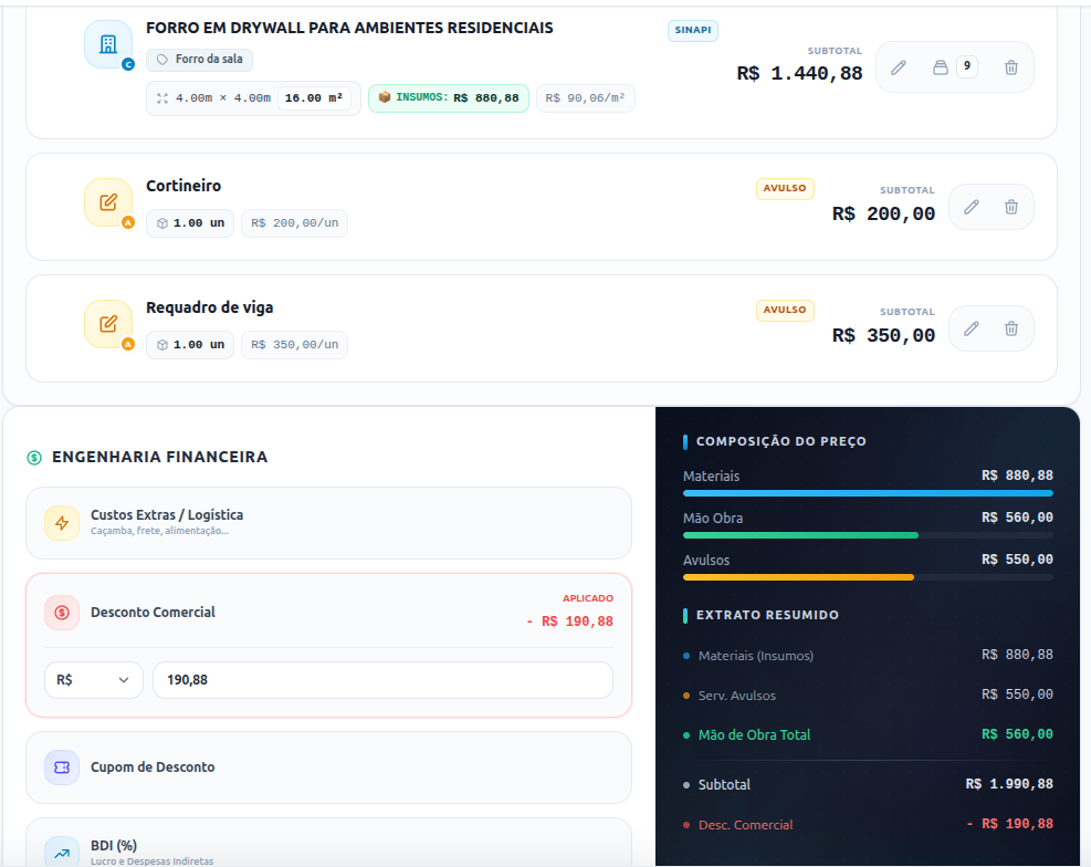 Tela de orçamento do Nexus Obras
